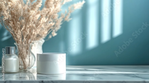 Wallpaper Mural White cream jar, spa-like setting,  sunlight through window,  decorative dried flowers Torontodigital.ca