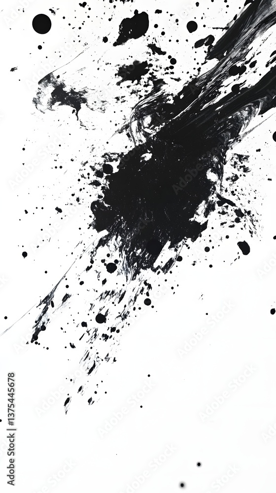 Obraz premium Abstract composition of scattered black spots and swirling shapes against a clean white background with a contemporary cinematic lighting effect creating a striking visual contrast and atmosphere