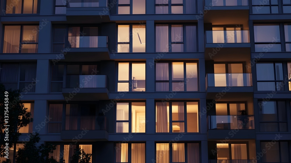A modern high rise apartment building featuring tall grid like that create a dramatic cinematic lighting effect across the sleek minimalist facade A modern high rise apartment building featuring tall grid like that create a dramatic cinematic lighting effect across the sleek minimalist facade
