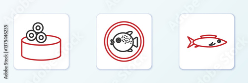 Set line Fish, Tin can with caviar and Puffer fish on plate icon. Vector