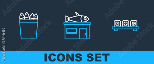 Set line Sushi on cutting board, Fishing bucket with fishes and Seafood store icon. Vector