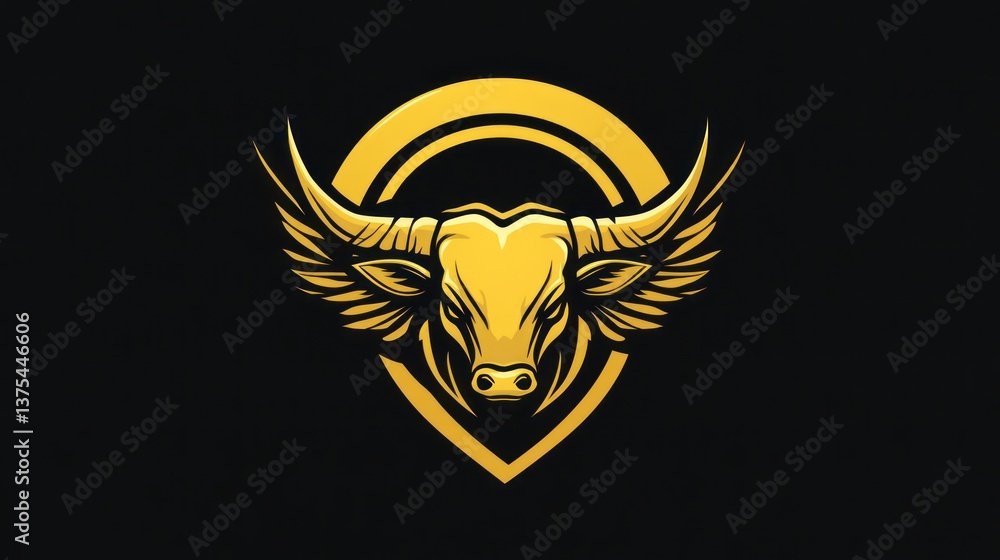 Golden winged bull logo, dark background, strength symbol, design asset Golden winged bull logo, dark background, strength symbol, design asset