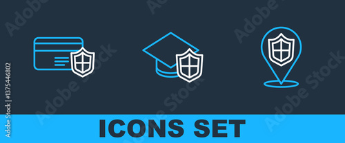 Set line Location shield, Credit card with and Graduation cap icon. Vector