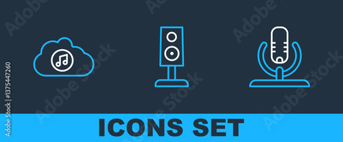 Set line Microphone, Music streaming service and Stereo speaker icon. Vector