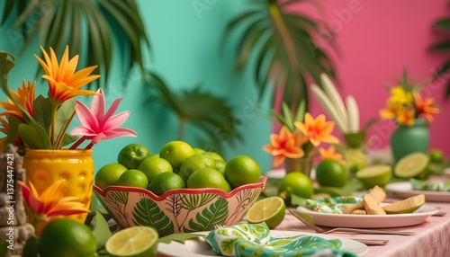 Wallpaper Mural Festive table setting adorned with vibrant tropical decorations and fresh limes during a celebration in a colorful venue Generative AI Torontodigital.ca
