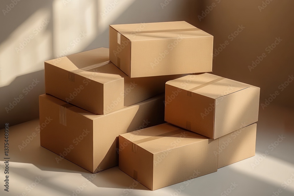 Obraz premium Minimalist Stacked Cardboard Boxes in Soft Beige Tones on a Simple Background for Gift and Packing Ideas