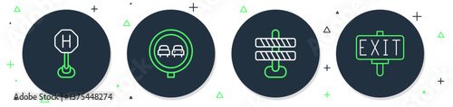 Set line No overtaking road traffic, Road barrier, Hospital and Fire exit icon. Vector