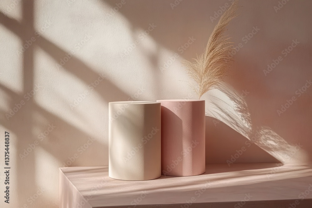 Modern Minimalist Still Life with Round Cylinders on Pink Background Modern Minimalist Still Life with Round Cylinders on Pink Background