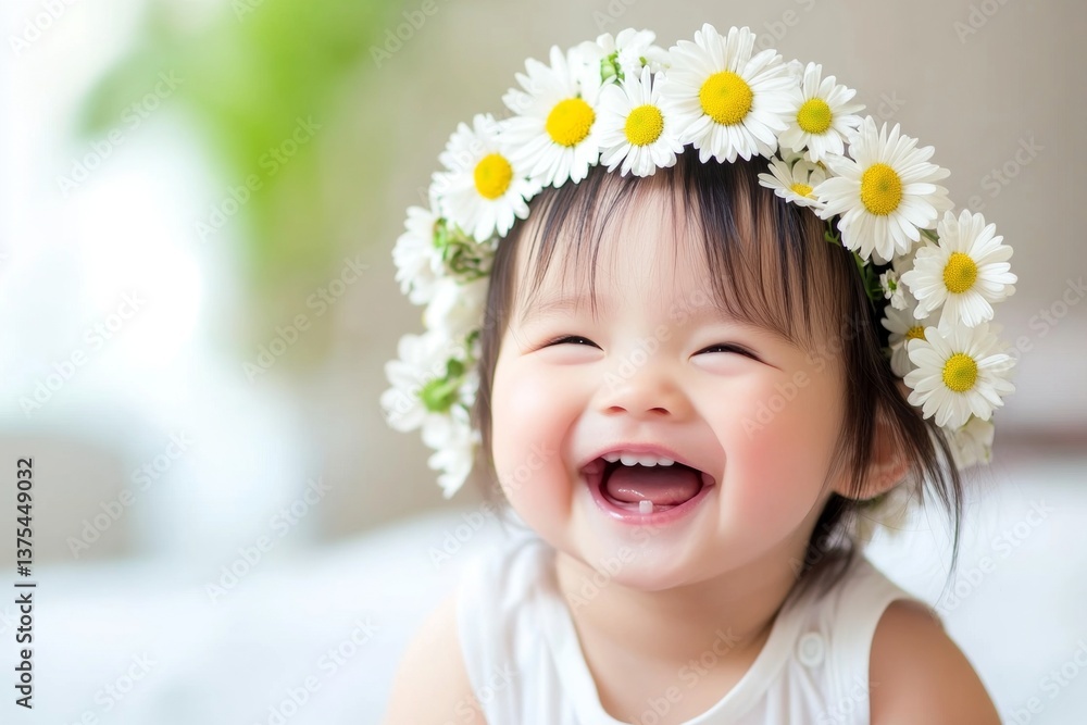 Sunny daylight. Happy sunny days visual idea. Happy caucasian infant girl with black hair wearing white flower circlet on her head. Floral wreath on a girl’s head. Happy child in summer. Sunny daylight. Happy sunny days visual idea. Happy caucasian infant girl with black hair wearing white flower circlet on her head. Floral wreath on a girl’s head. Happy child in summer.