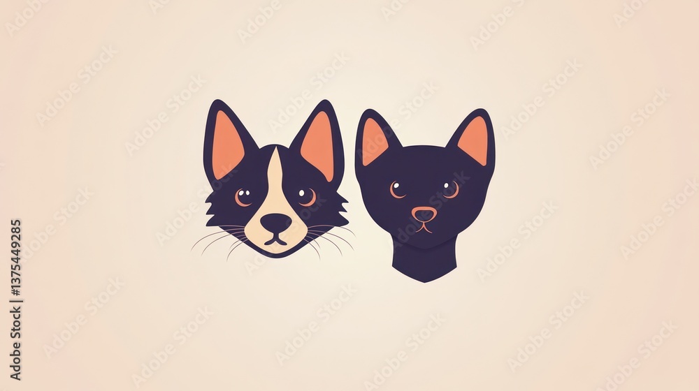 Fototapeta premium Two dog portraits, simple style, beige background, pet adoption