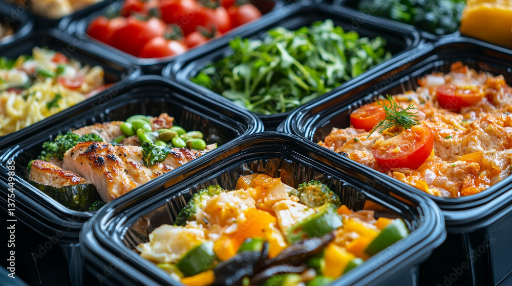 Close up of meal prep containers filled with various healthy meals and fresh vegetables and herbs Close up of meal prep containers filled with various healthy meals and fresh vegetables and herbs