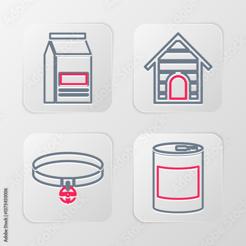 Set line Canned food, Collar with name tag, Dog house and Bag of icon. Vector