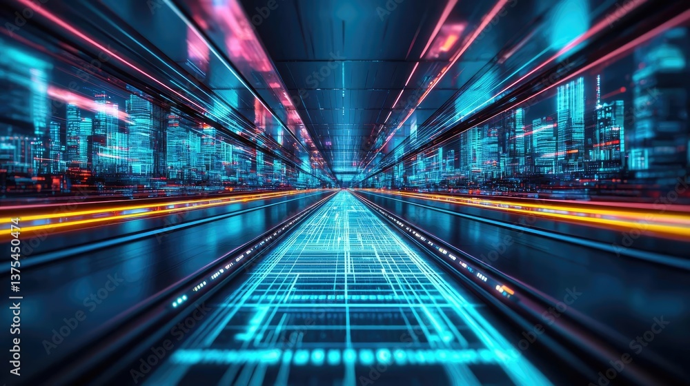 Fototapeta premium Motion blur city with futuristic skyline and digital technology concept. Futuristic digital landscape with neon lights and grid patterns.