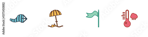 Set Cone meteorology windsock wind vane, Sun protective umbrella for beach, Meteorology and thermometer icon. Vector