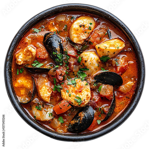Extreme top view of an extremely perfect looking bouillabaisse in a dark ceramic bowl isolated on a white transparent background
