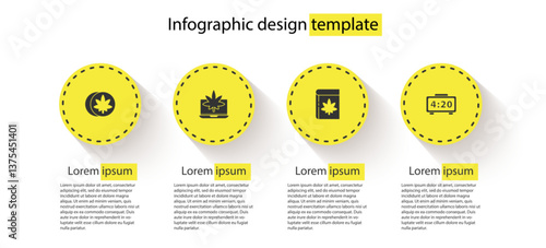 Set Herbal ecstasy tablets, Laptop and marijuana or cannabis, Book and Digital alarm clock. Business infographic template. Vector