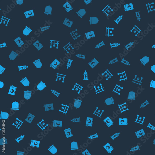 Set Holy book of Koran, Japan Gate, Church pastor preaching and bell on seamless pattern. Vector