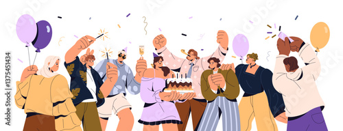 Happy people congratulate person on Birthday. Friends celebrate Bday party with balloons, cake, confetti. Characters have fun on anniversary, holiday. Flat isolated vector illustration on white