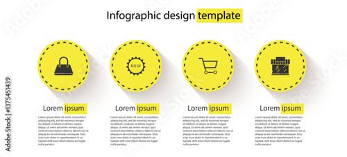 Set Handbag, Price tag with text New, Shopping cart and building or market store. Business infographic template. Vector