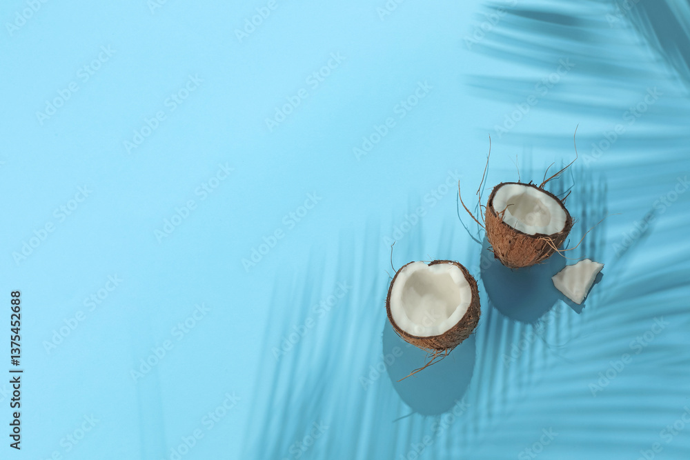 Fototapeta premium Fresh coconut and shadow cast by tropical palm on light blue background, top view. Space for text