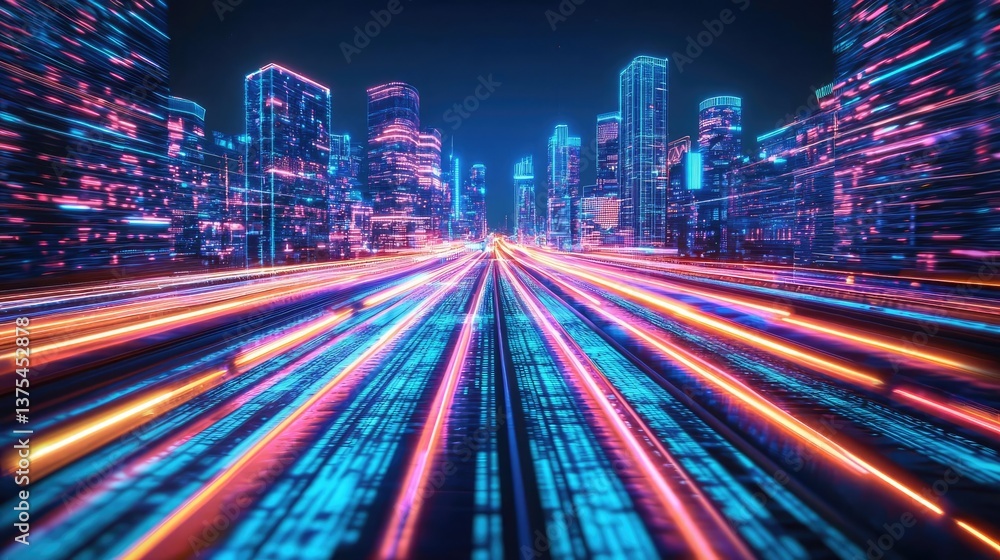 Fototapeta premium Motion blur city with futuristic skyline and digital technology concept. Vibrant city lights create dynamic movement in urban landscape.