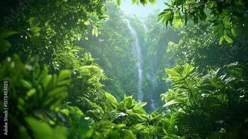 A tropical rainforest with lush greenery and waterfalls, offering an adventurous setting for outdoor fashion and captions,