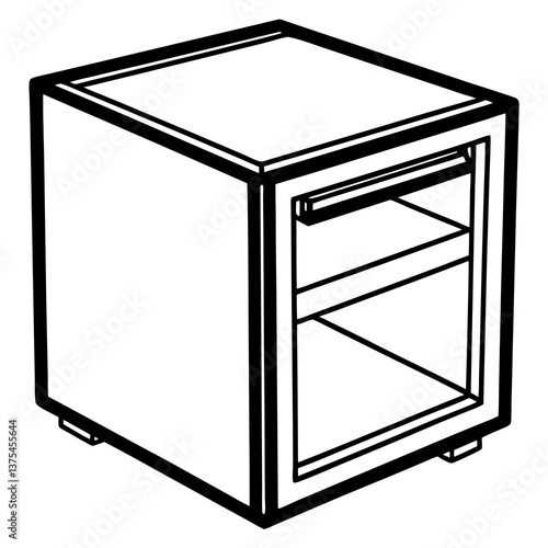 a modern minimalist nightstand design, features a drawer and open shelf. The furniture is a simple, boxy structure with clean lines