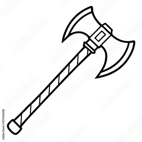 a detailed illustration of a double-headed ax, its sharp blades and sturdy handle ready for action. The stark contrast of black and white highlights the ax's powerful design