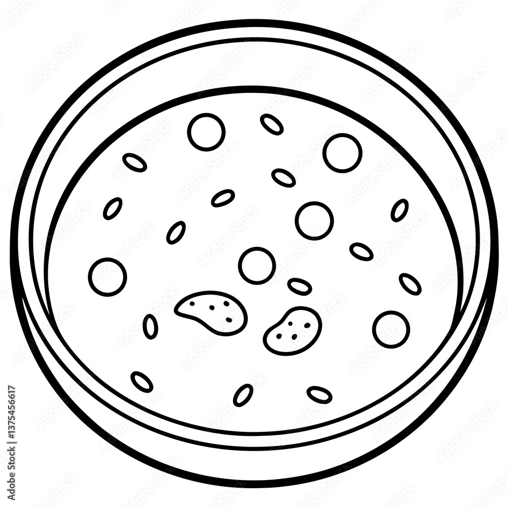 a simple black and white drawing of a bowl of soup with various circular and oval ingredients inside. A classic and versatile illustration