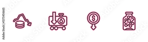 Set line Dollar rate decrease, , Drop in crude oil price and Glass money jar with coin icon. Vector