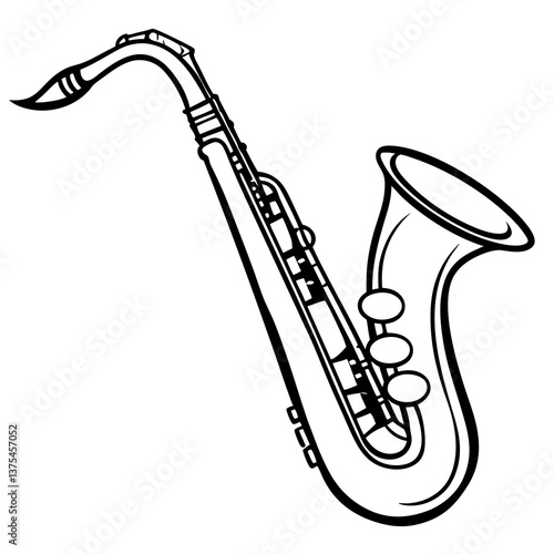 a detailed black and white drawing of a saxophone, with intricate details. The curves and keys of the instrument are clearly defined. The saxophone is a symbol of music, jazz, and culture