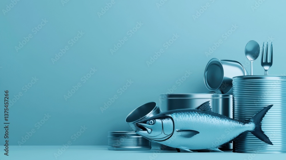 A conceptual food image with a sleek blue scene, featuring a tuna fish, a tin can, and culinary props. A conceptual food image with a sleek blue scene, featuring a tuna fish, a tin can, and culinary props.
