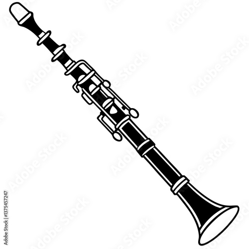 an illustrated, black and white clarinet with a sleek design, poised and ready to play music. The instrument's details are meticulously showcased, from the mouthpiece to the bell.