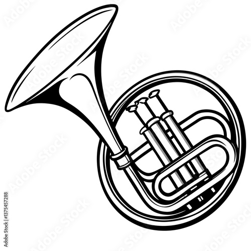 a detailed line art illustration of a French horn, showcasing its intricate design