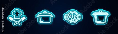 Set line Chef hat and fork, Cooking pot, soup and . Glowing neon icon. Vector