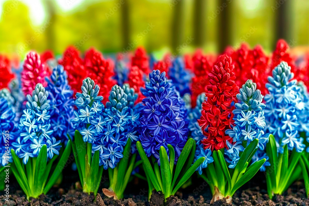 Fototapeta premium Beautiful blooming hyacinths in shades of blue and red growing in a garden. The vibrant flowers stand tall with lush green leaves, creating a striking contrast against the blurred natural background.