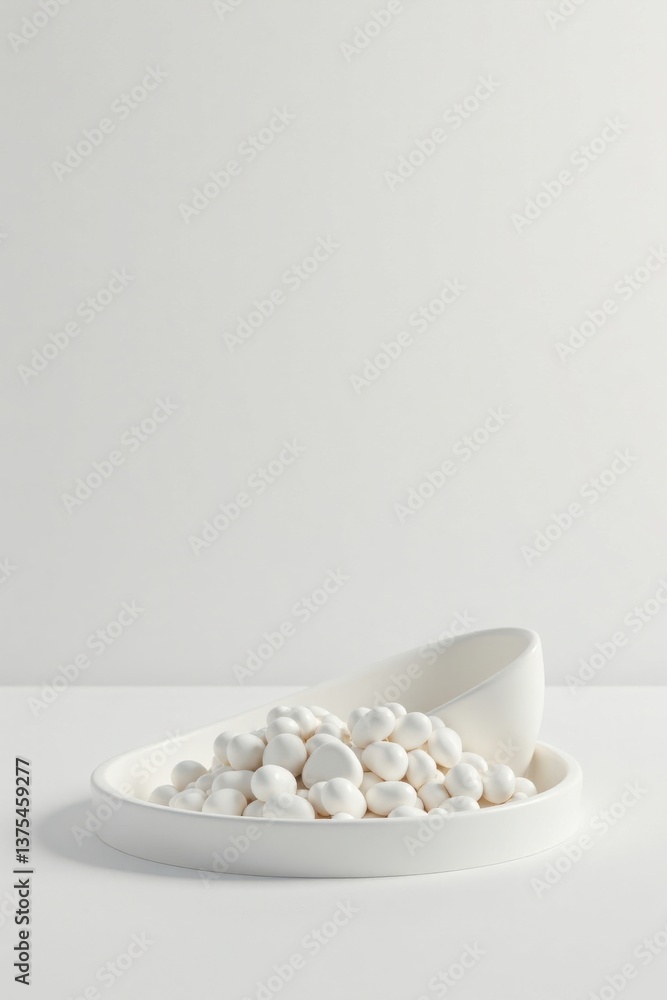White Ceramic Bowl and Tray Filled with Smooth White Pebbles on a White Surface White Ceramic Bowl and Tray Filled with Smooth White Pebbles on a White Surface