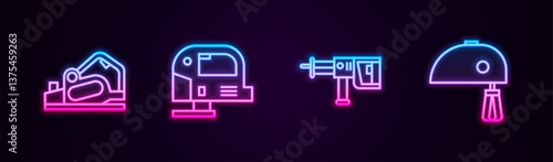 Set line Electric planer tool, jigsaw, Rotary hammer drill machine and mixer. Glowing neon icon. Vector