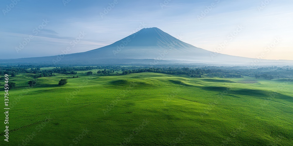 Fototapeta premium Lush green hills with a distant volcanic mountain. Wide panoramic landscape under a pale blue sky. Calm stability and long-term growth. Ideal for branding, presentations, and website headers.