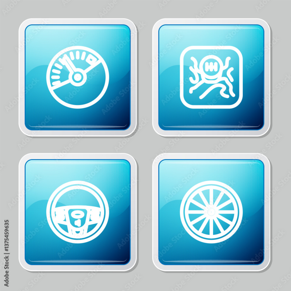 Set line Speedometer, Gear shifter, Steering wheel and Car icon. Vector Set line Speedometer, Gear shifter, Steering wheel and Car icon. Vector