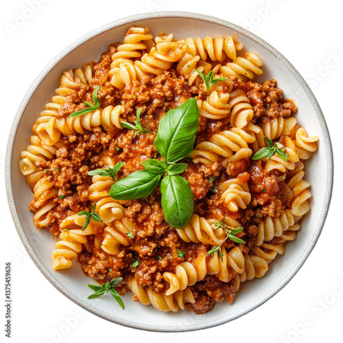 Italian pasta bolognese on a plate, isolated, no background.