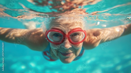 Smiling senior woman with red goggles swimming underwater. Showcases active lifestyles, wellness, and enjoying life at any age.