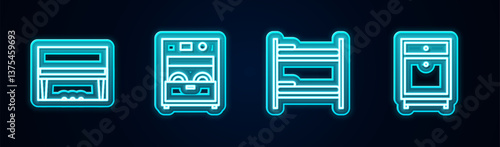 Set line Grand piano, Kitchen dishwasher machine, Bunk bed and Furniture nightstand. Glowing neon icon. Vector