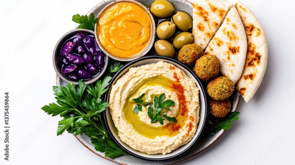 A vibrant platter featuring hummus, olives, falafel, pita bread, and colorful dips, garnished with fresh parsley. A vibrant platter featuring hummus, olives, falafel, pita bread, and colorful dips, garnished with fresh parsley.