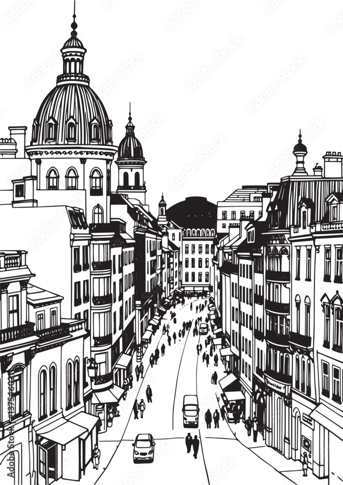 Obraz premium City landscape. Different buildings on street, outline cityscape hand sketch, flat houses. Hand drawn vector illustration