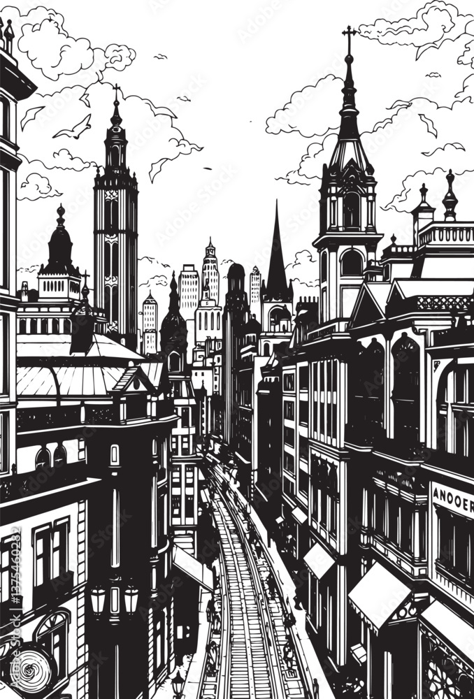 Fototapeta premium City landscape. Different buildings on street, outline cityscape hand sketch, flat houses. Hand drawn vector illustration