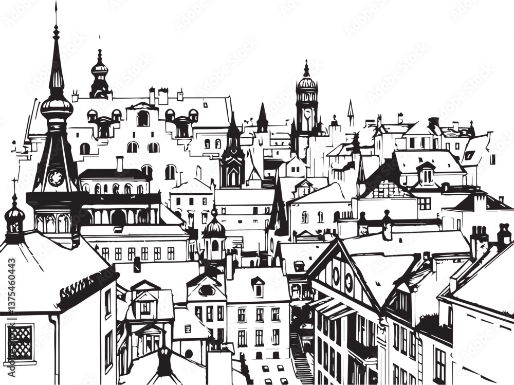 Fototapeta premium City landscape. Different buildings on street, outline cityscape hand sketch, flat houses. Hand drawn vector illustration