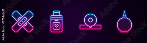 Set line Crossed bandage plaster, Organ container, Otolaryngological head reflector and Enema. Glowing neon icon. Vector
