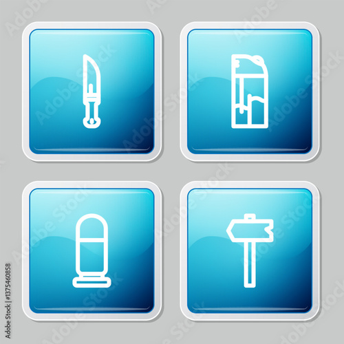 Set line Hunter knife, Lighter, Bullet and Road traffic sign icon. Vector