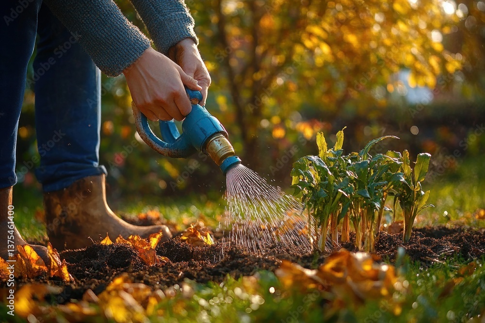 Naklejka premium Gardener Washing Dahlia Tubers for Winter Storage on Sunny Autumn Day